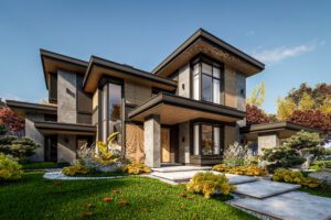 Modern two-story house with landscaped garden.
